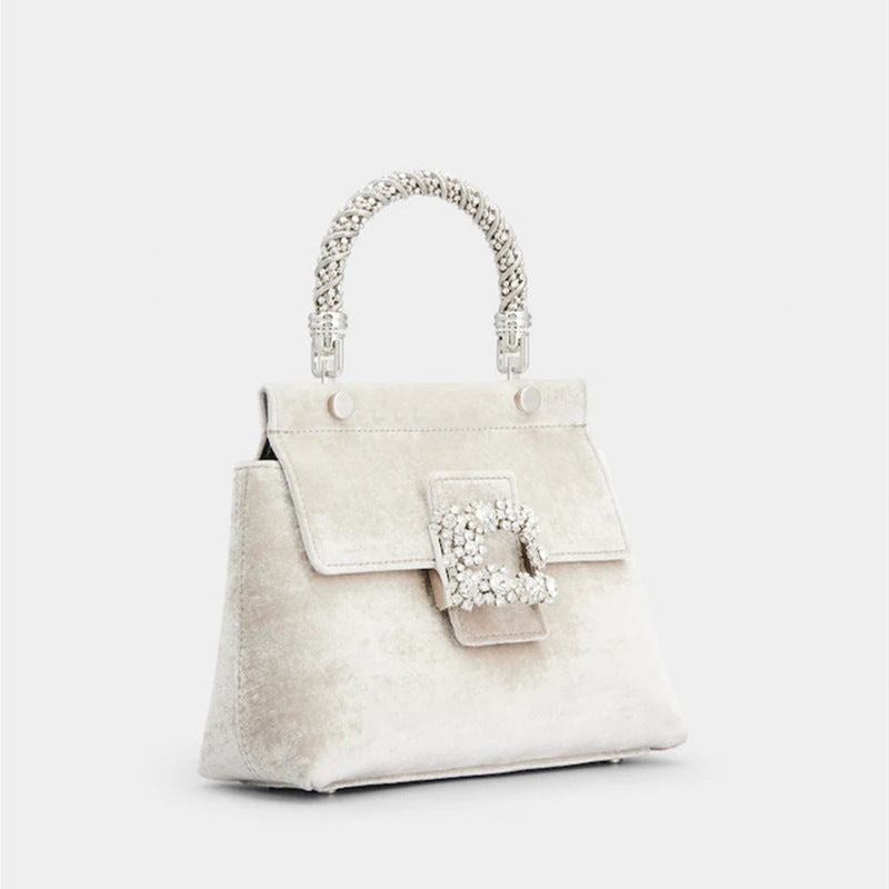 Velvet Rhinestone Crossbody Bag with Metal Handle