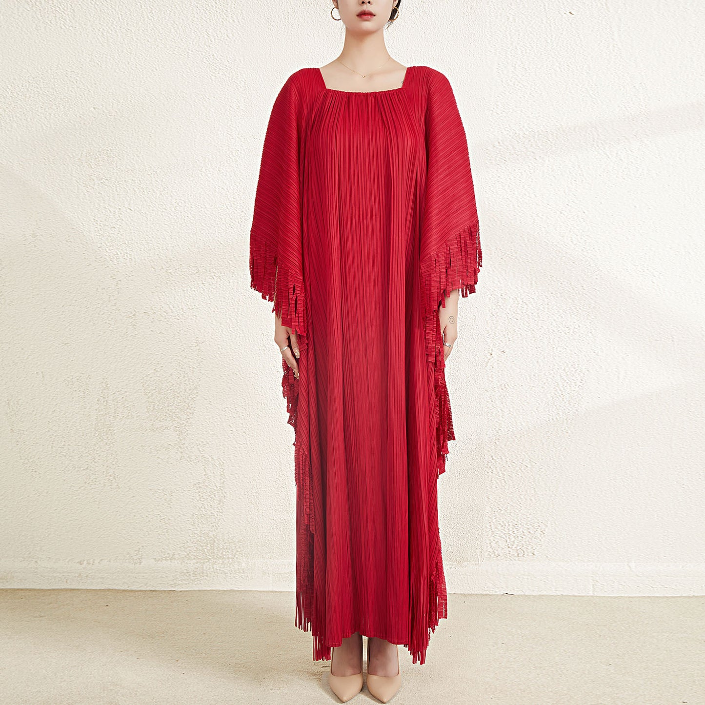 Miyake Pleated Flare Sleeves Maxi Dress with Fringe Detail