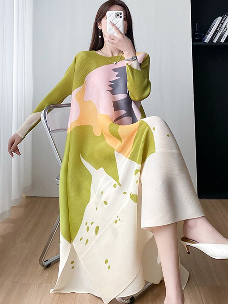 Miyake Pleated Round Neck A-Line Dress
