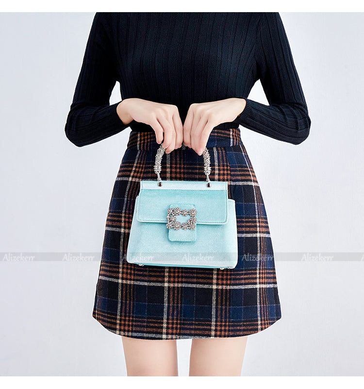 Velvet Rhinestone Crossbody Bag with Metal Handle