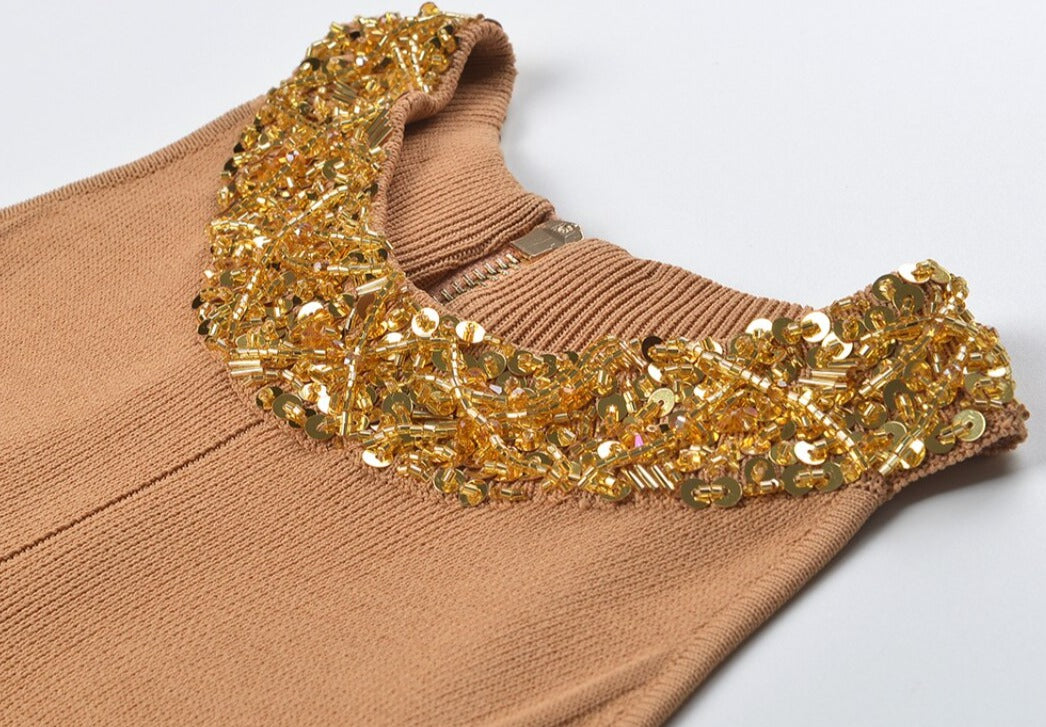 Sequin Beaded Collar Round Neck Sweater Dress