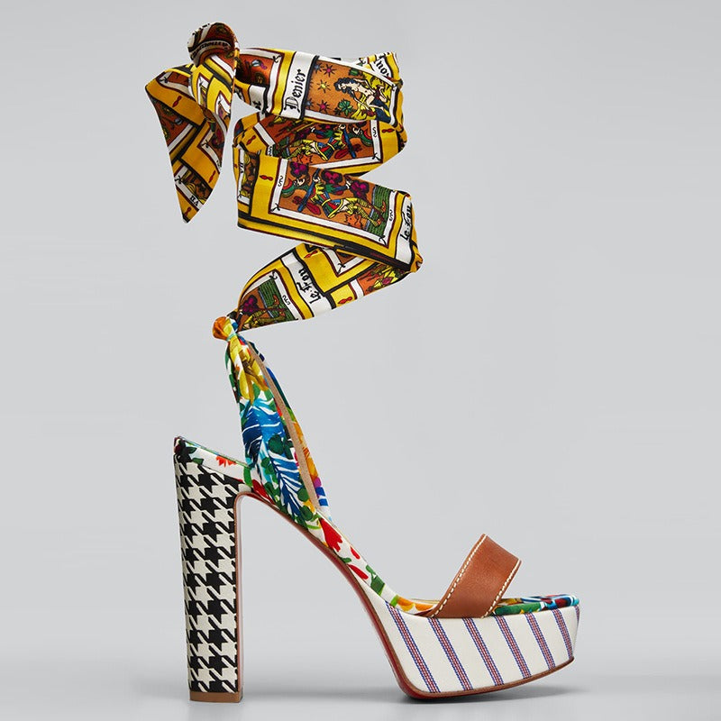 Graffiti Print High Heel Lace-Up Sandals