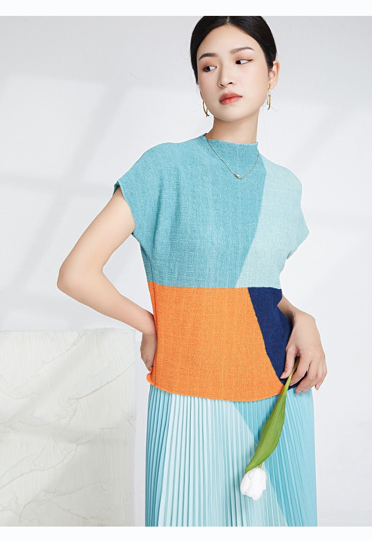 Miyake Pleated Color Block Top & Long Skirt Set