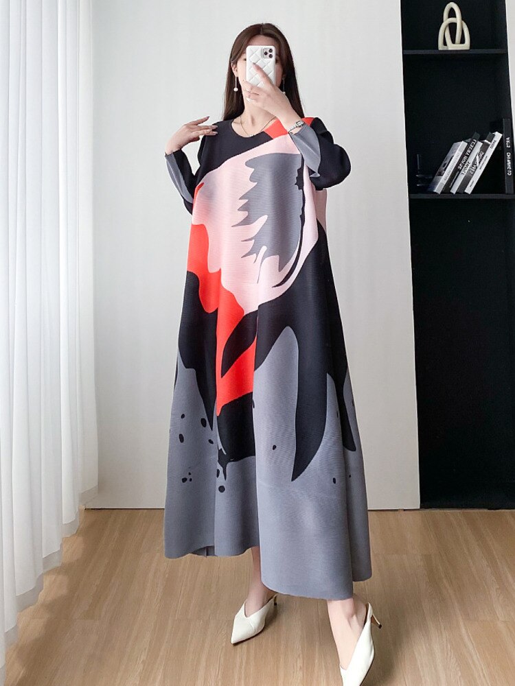 Miyake Pleated Round Neck A-Line Dress