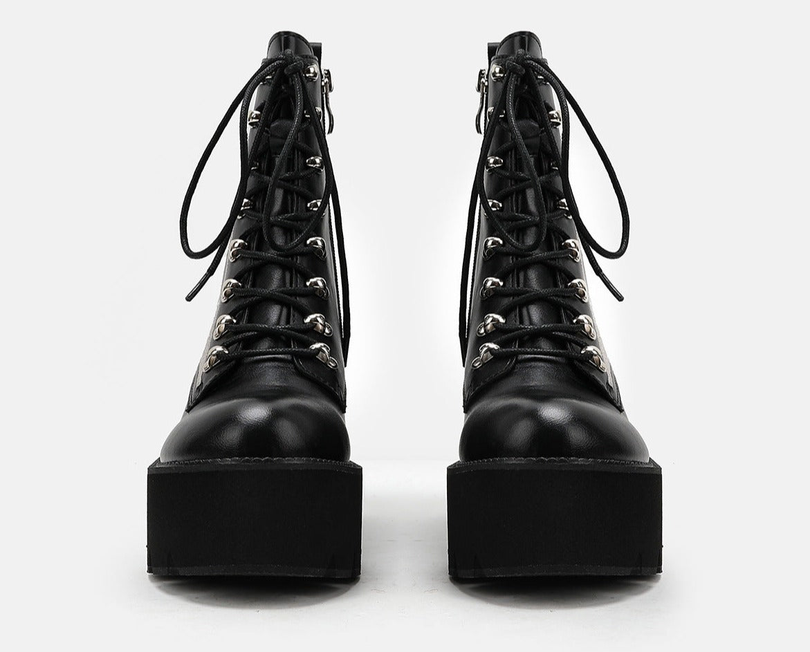 Spider Web Print Lace-Up Platform Ankle Boots