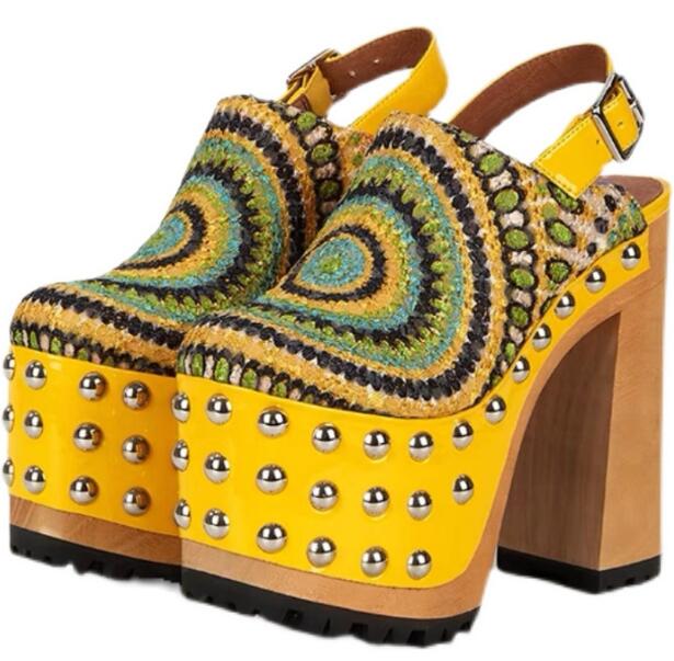 Rivet Platform Chunky Wood Heel Slingback Pumps
