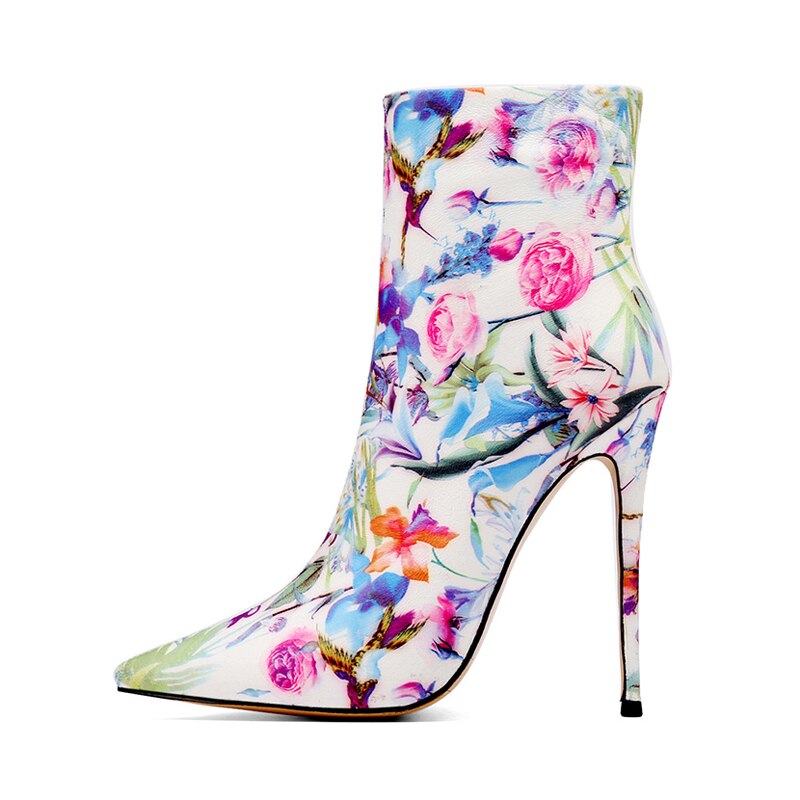 Floral Print Pointed Toe Ankle Boots
