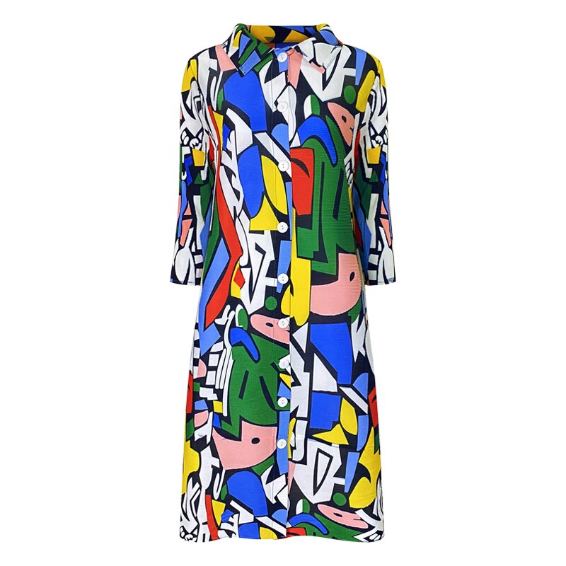 Miyake Pleated Geometric Print Midi Dress