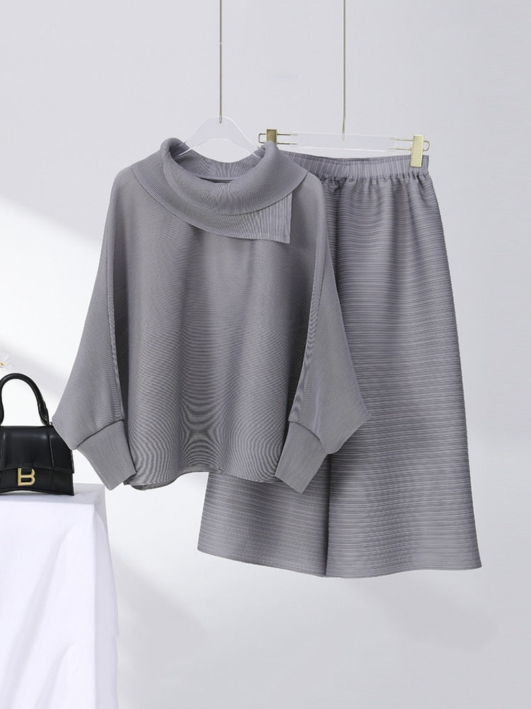Miyake Pleated Long Sleeve Top and Wide Leg Pants Set
