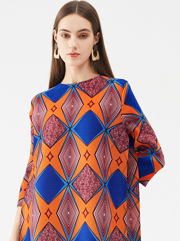 Miyake Pleated Geometric Print Midi Dress