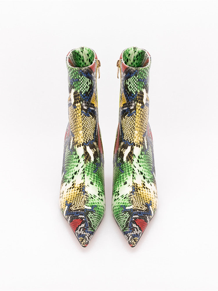 Snakeskin Pointed Toe Thin Heel Ankle-Boots