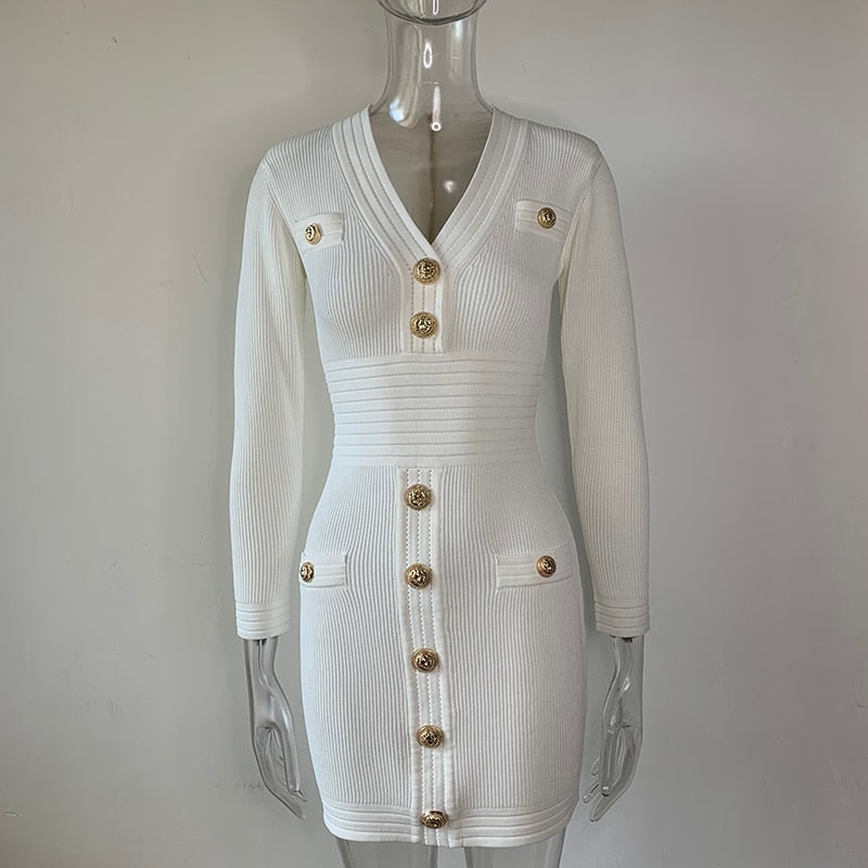 Gold Decorative Buttons Long Sleeve Mini Sweater Dress