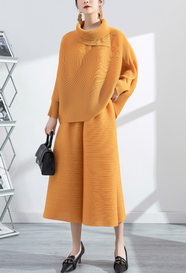 Miyake Pleated Long Sleeve Top and Wide Leg Pants Set