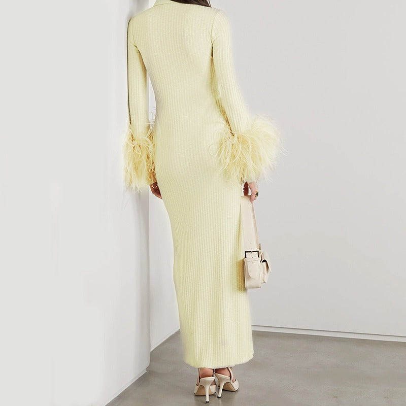 Patchwork Feathers Long Sleeve Knit Bandage Dress