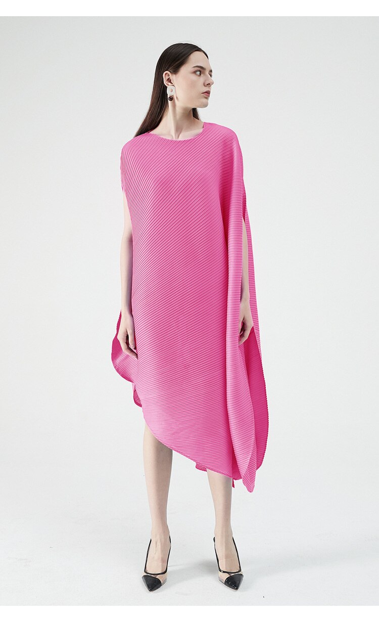 Miyake Pleated Asymmetrical Hem Midi Dress