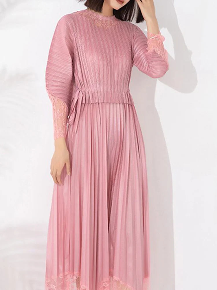 Miyake Pleated Lace Patchwork Midi Dress