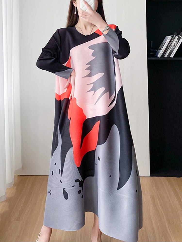 Miyake Pleated Round Neck A-Line Dress