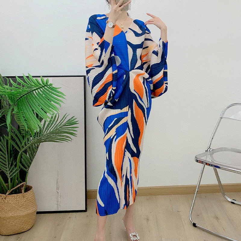 Miyake Pleated Printed Batwing Sleeve Midi Dress
