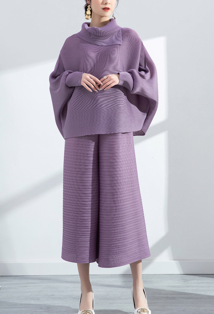 Miyake Pleated Long Sleeve Top and Wide Leg Pants Set