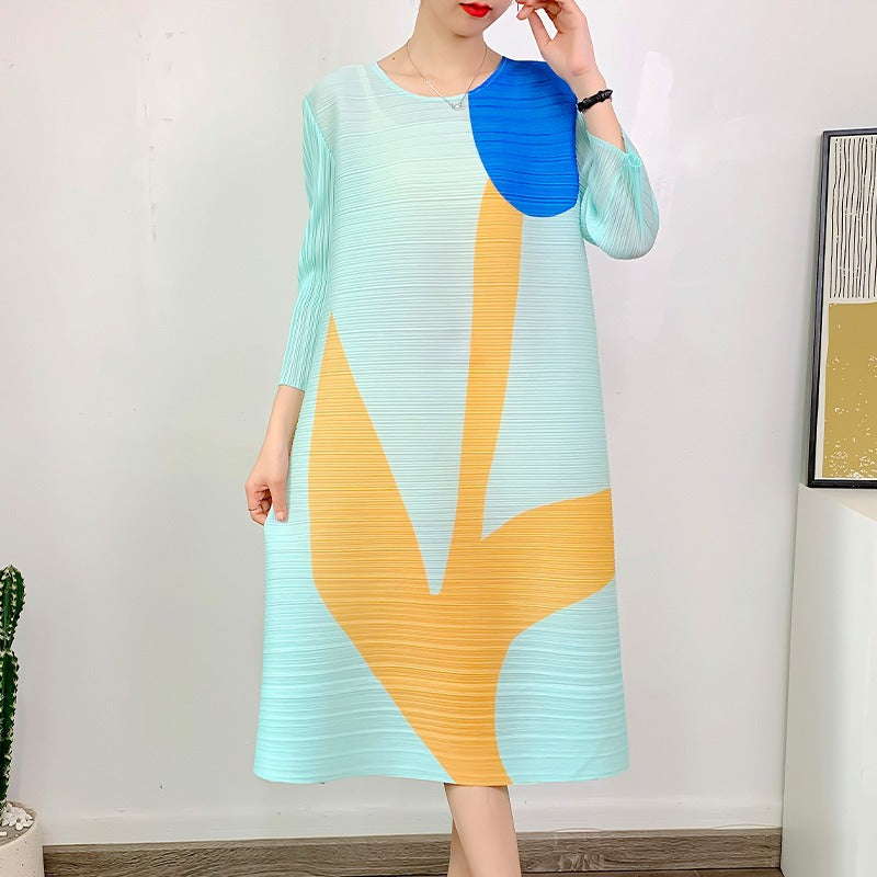 Miyake Pleated Printed Three-Quarter Sleeves Midi Dress