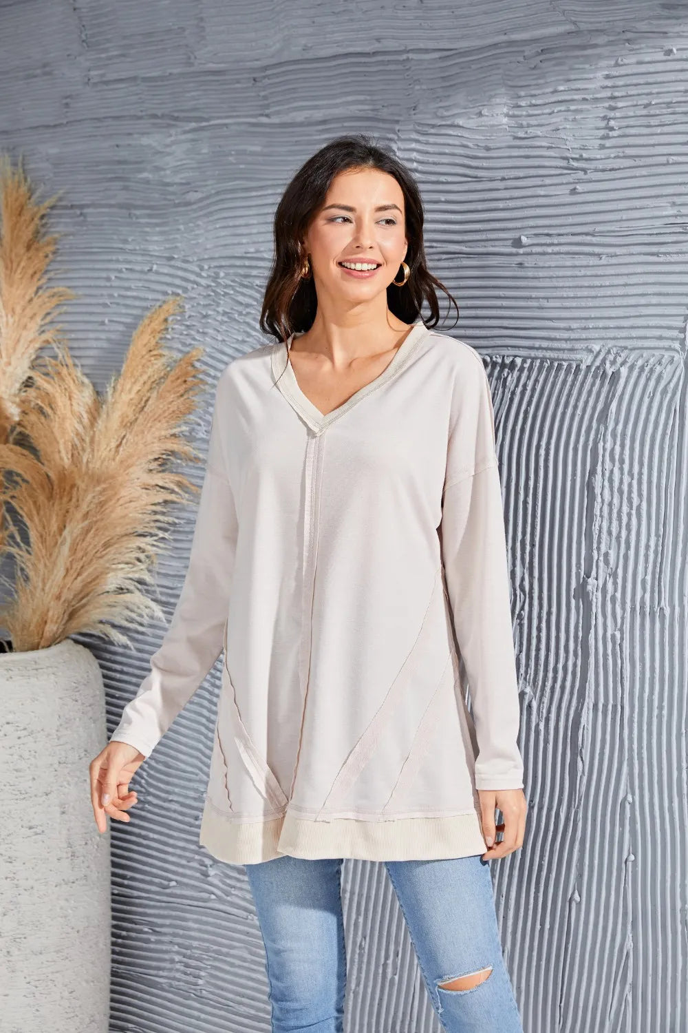 Exposed Seam V-Neck Long Sleeve Slit Sweatshirt