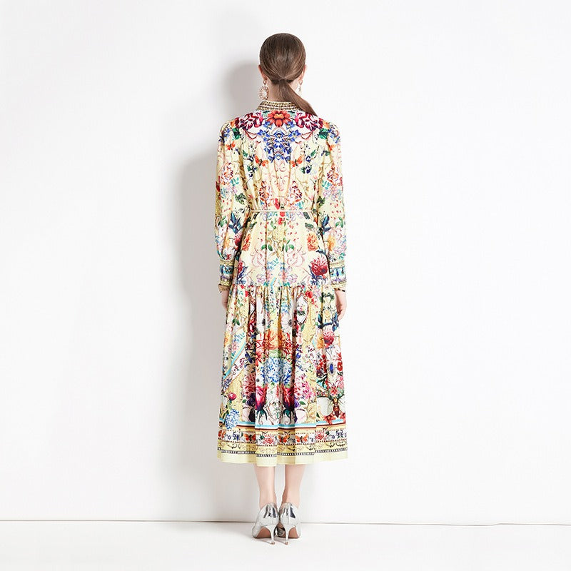 Retro Floral Lantern Sleeve Midi Dress
