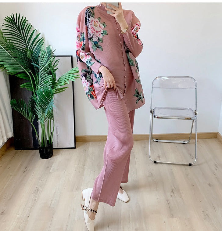 Miyake Pleated Floral Print Suit Set