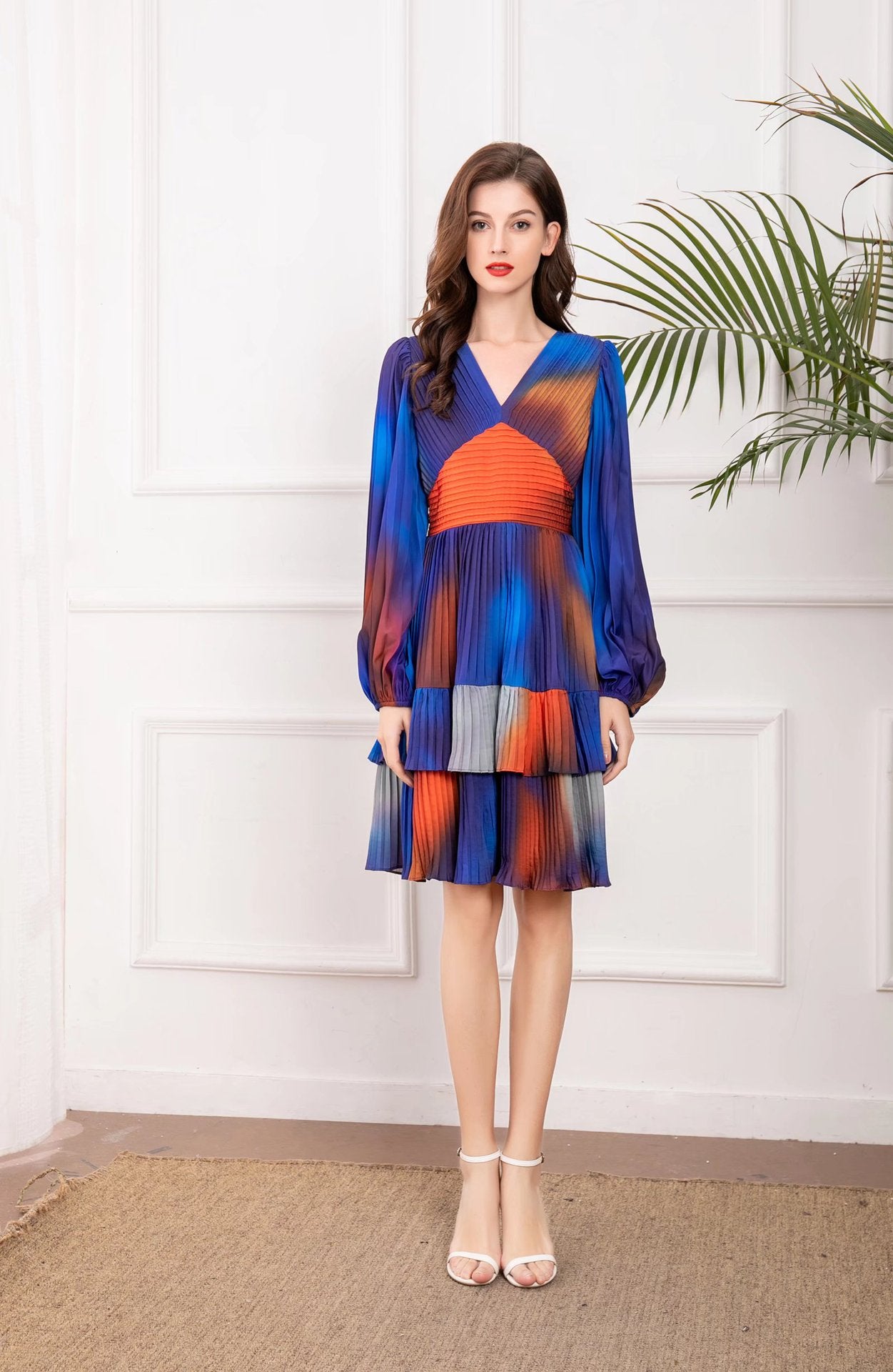 Pleated V-Neck Long Sleeve Layered Dress