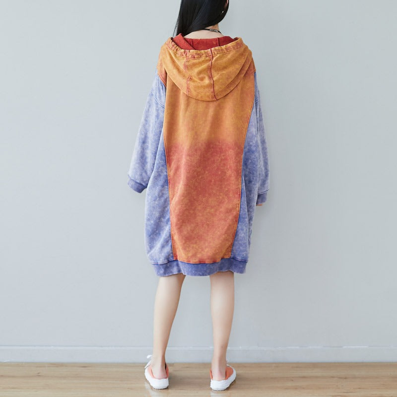 Contrast Cartoon Print Hooded Knitted Denim Dress