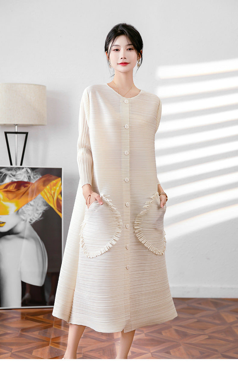 Miyake Pleated Fringe Pocket Midi Dress with Scarf