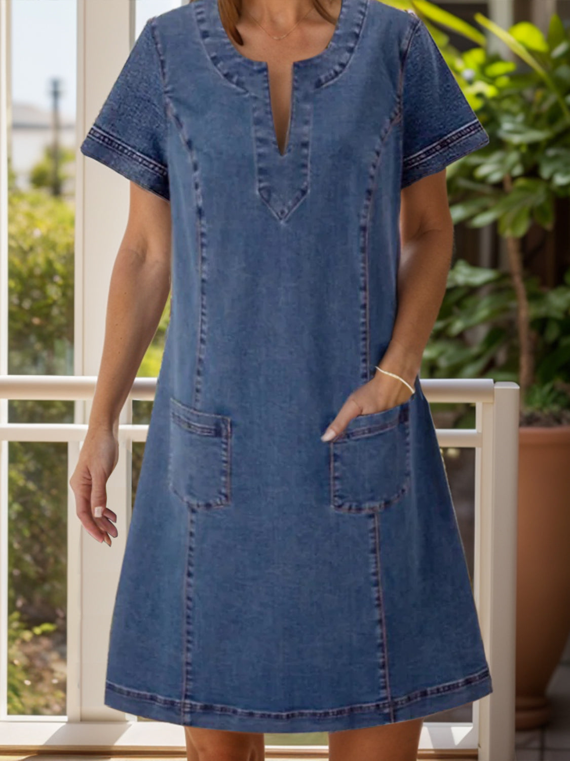 Notched Short Sleeve Denim Dress