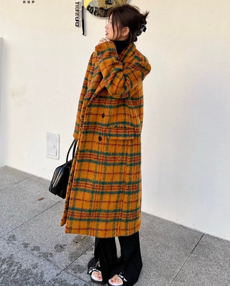 Retro Colorful Plaid Double-Breasted Woolen Trench Coat