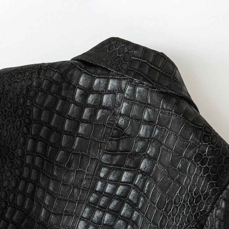 PU Crocodile Pattern Double Breasted Blazer