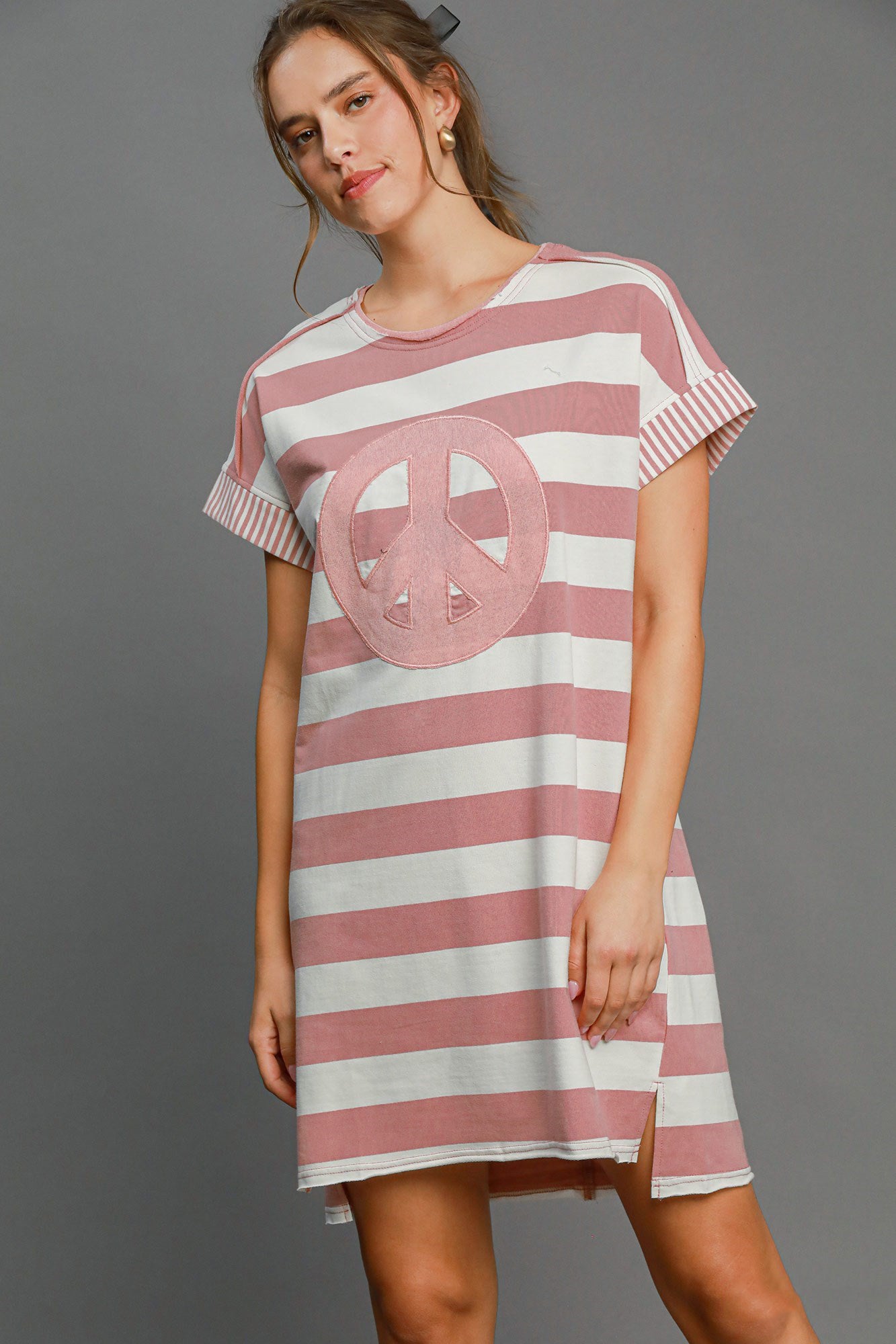 Peace Applique Striped Short Sleeve Mini Dress