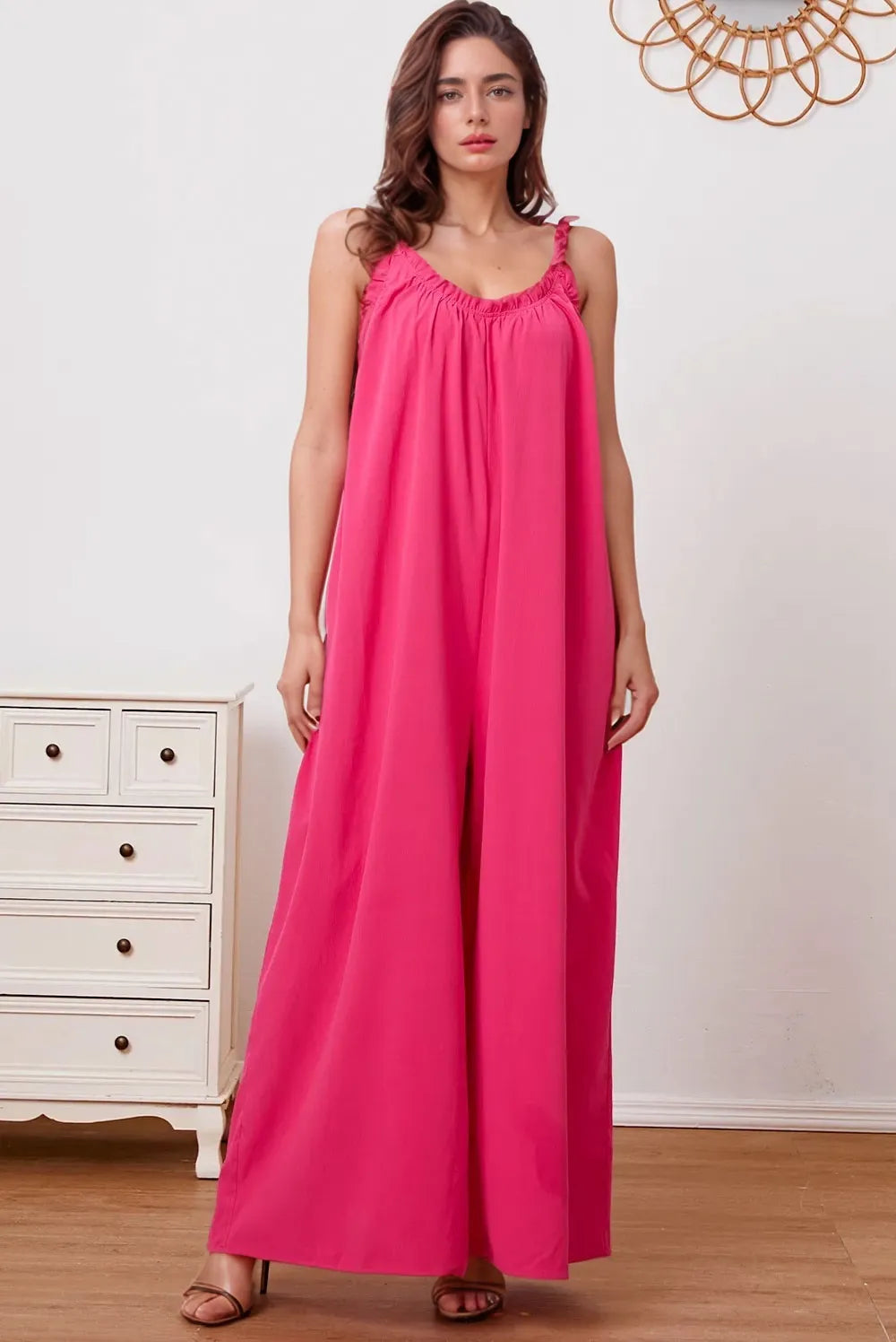 Ruffle Trim Tie Back Cami Jumpsuit with Pockets