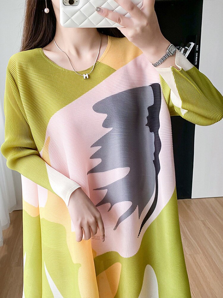 Miyake Pleated Round Neck A-Line Dress