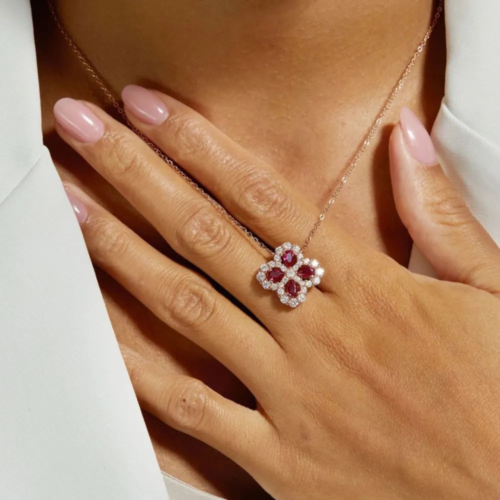 925 Sterling Silver Lab-Grown Ruby Flower Shape Necklace