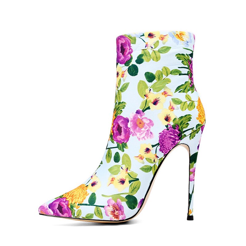 Floral Print Pointed Toe Ankle Boots