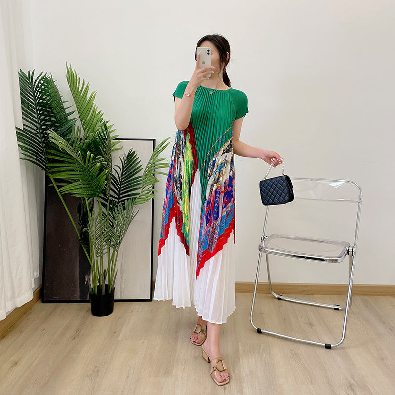 Pleated Round Neck Raglan Sleeve Midi Dress