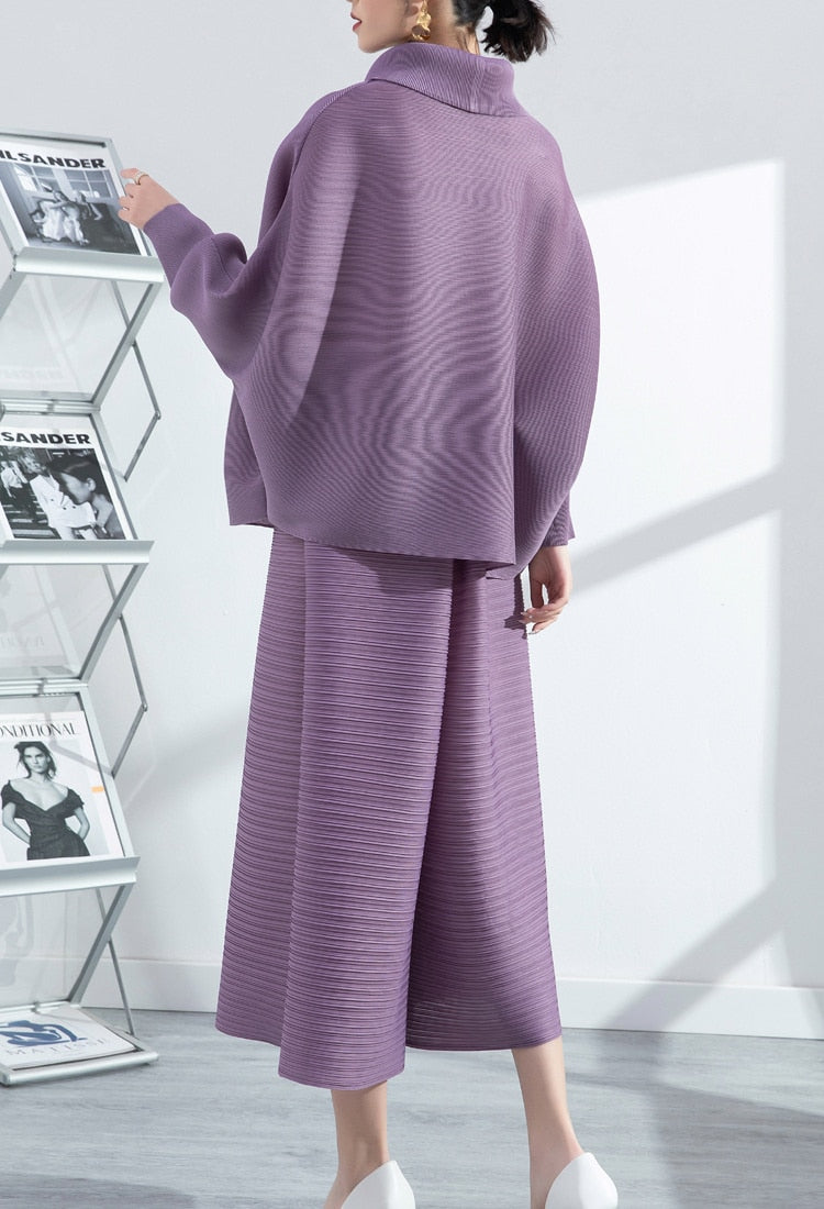 Miyake Pleated Long Sleeve Top and Wide Leg Pants Set