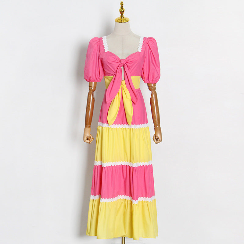 Bohemian Square Neck Puff Sleeves Cutout Maxi Dress