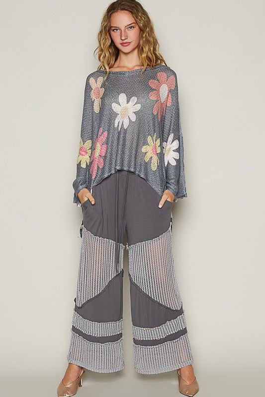 Flower Dropped Shoulder Long Sleeve Knit Top