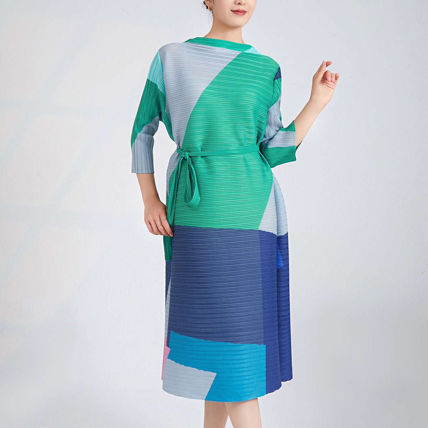 Miyake Pleated Contrast Print Belted Midi Dress