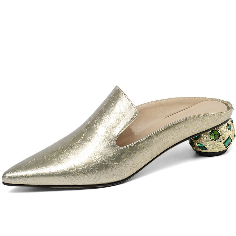 Genuine Leather Rhinestone Pointed Toe Crystal Pumps