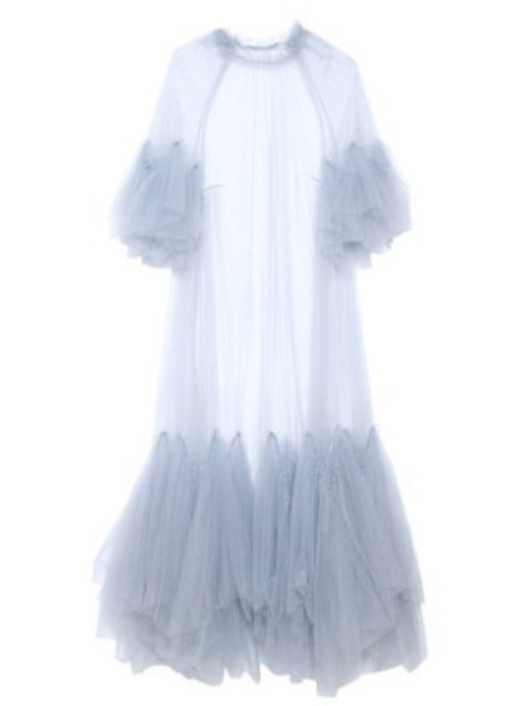Gauze Spliced Round Neck Ruffles Sleeve Maxi Dress