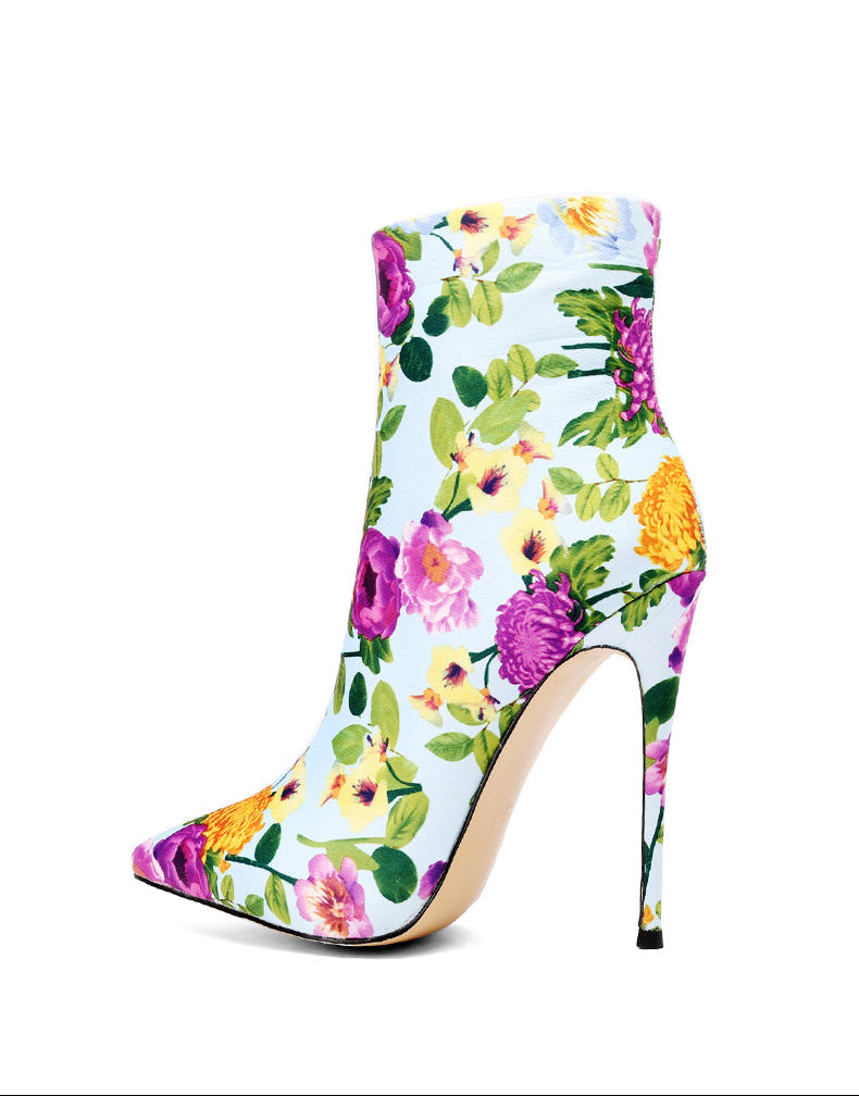 Floral Print Pointed Toe Ankle Boots