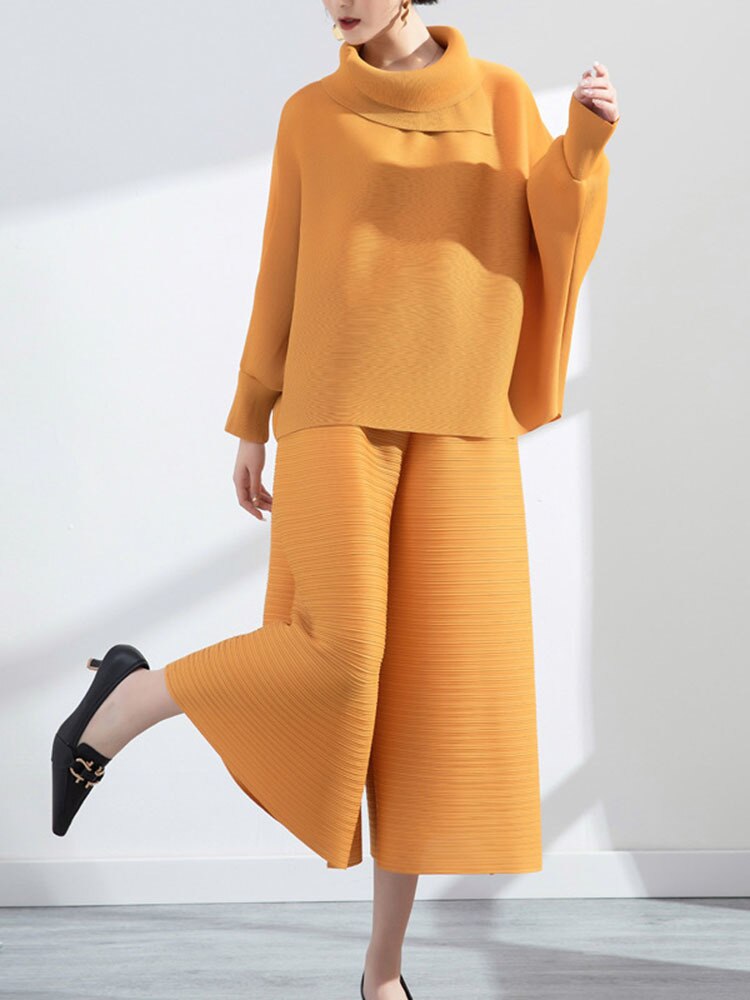 Miyake Pleated Long Sleeve Top and Wide Leg Pants Set