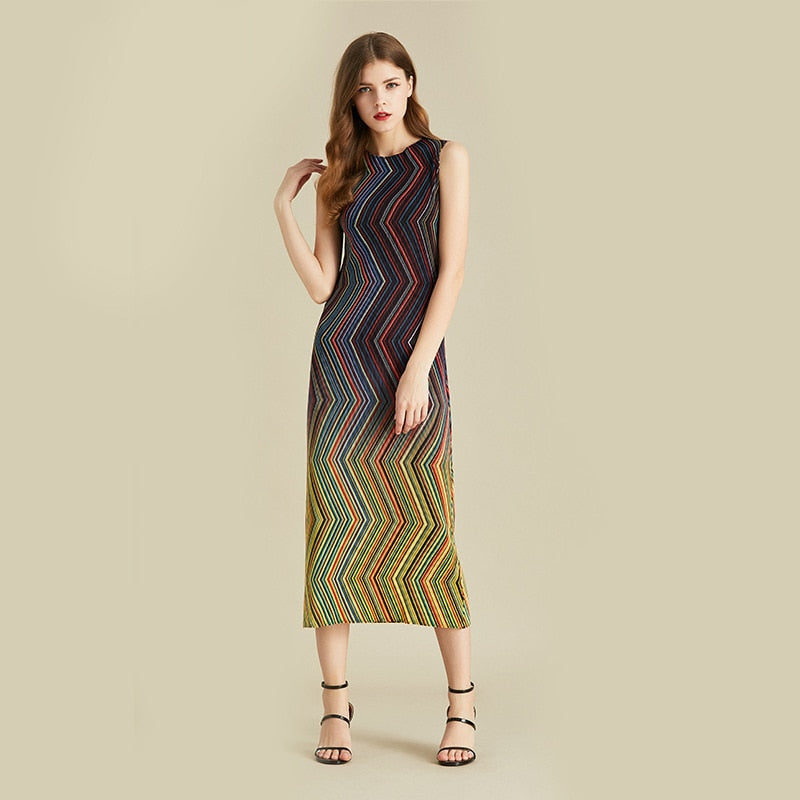 Miyake Pleated Multicolor Striped Midi Dress