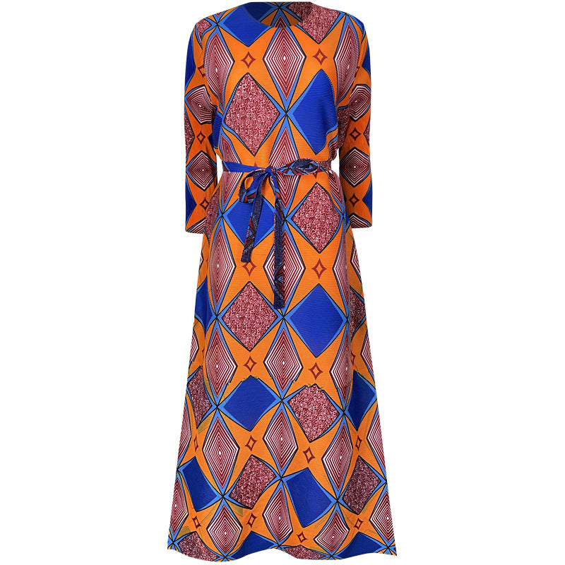 Miyake Pleated Geometric Print Midi Dress