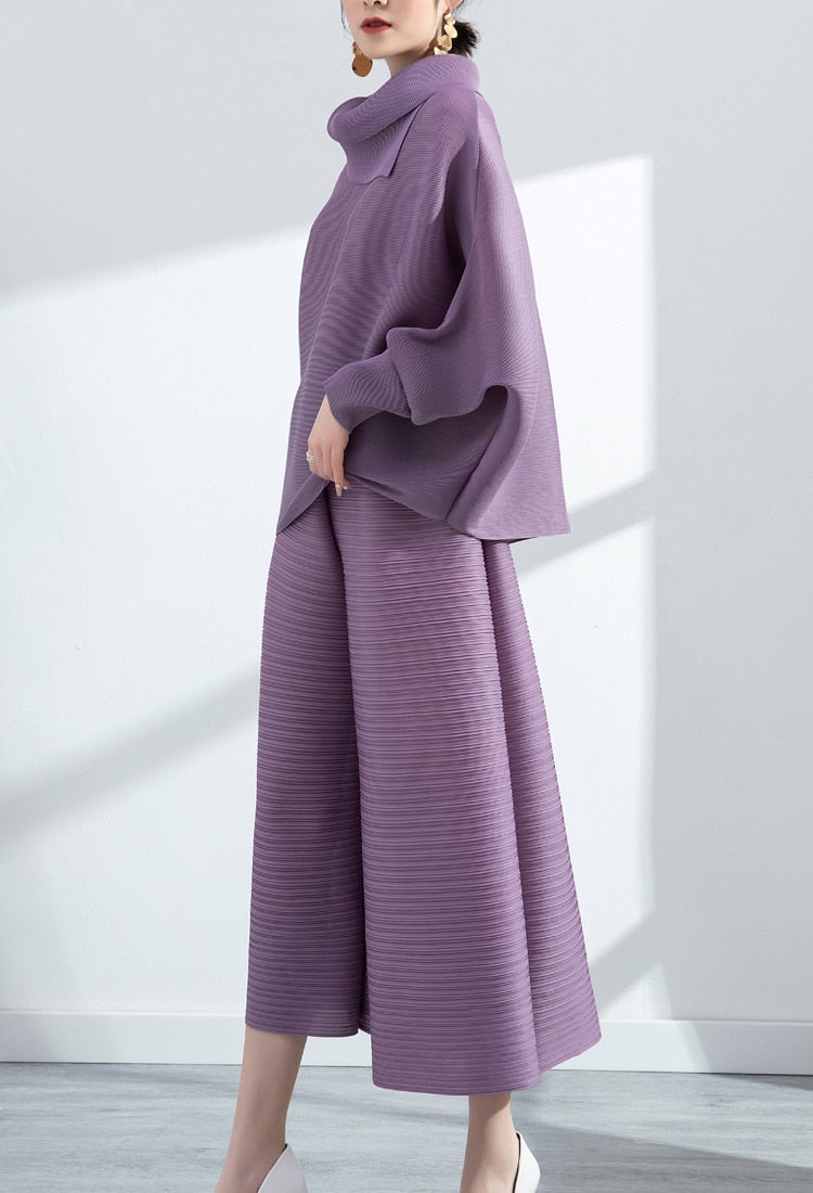 Miyake Pleated Long Sleeve Top and Wide Leg Pants Set